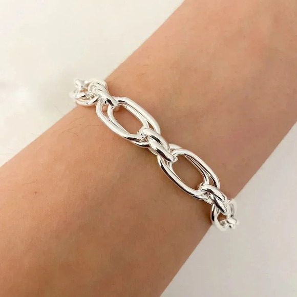 925 Sterling Silver Chunky Chain Link Bracelet Silver Large Link Bracelet - Picture 1 of 5